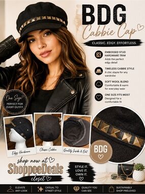 BDG Black Wool Cabbie Cap | Studded Newsboy Hat | One Size